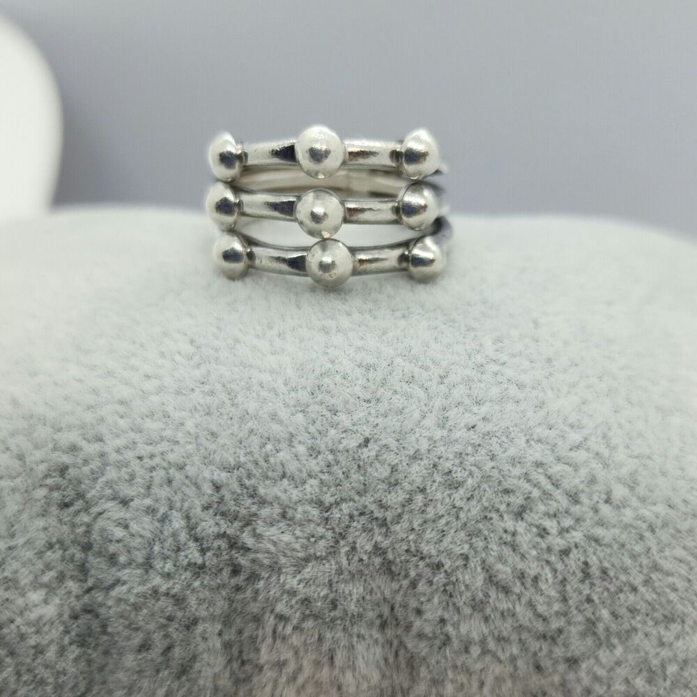 Sz 6.5 Sterling Silver 925 Vintage 3-Row Beaded Avant Guard Ring
